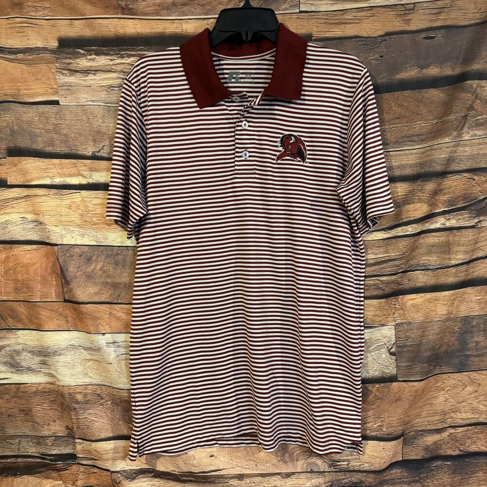 Russell Men's M M (38-40) Maroon White Striped Polo Shirt Buffalo Logo Polyester